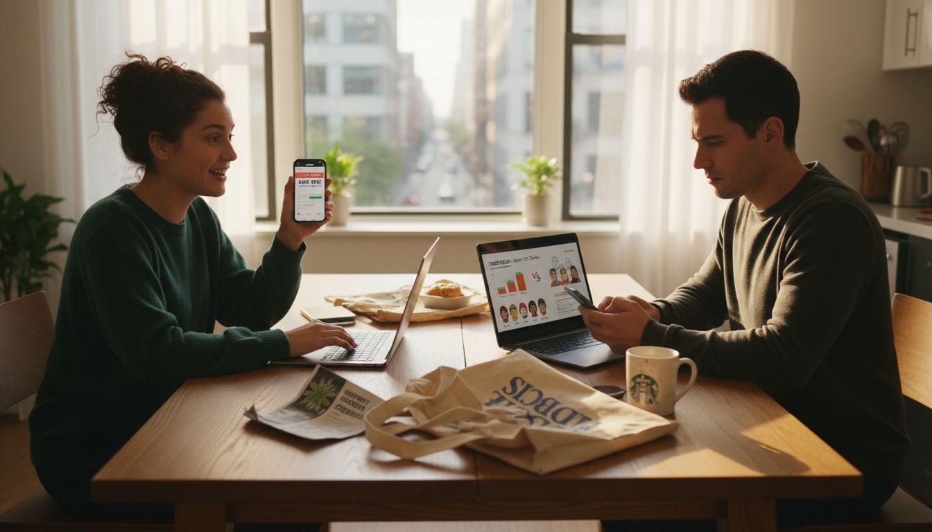 Couple searching cannabis deals at kitchen table