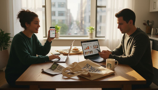 Couple searching cannabis deals at kitchen table