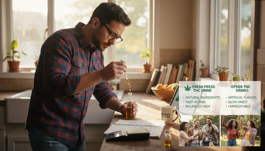 Man measuring cannabis oil dosage in kitchen
