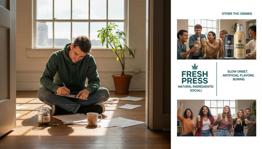 Artist sketches on floor beside cannabis jar