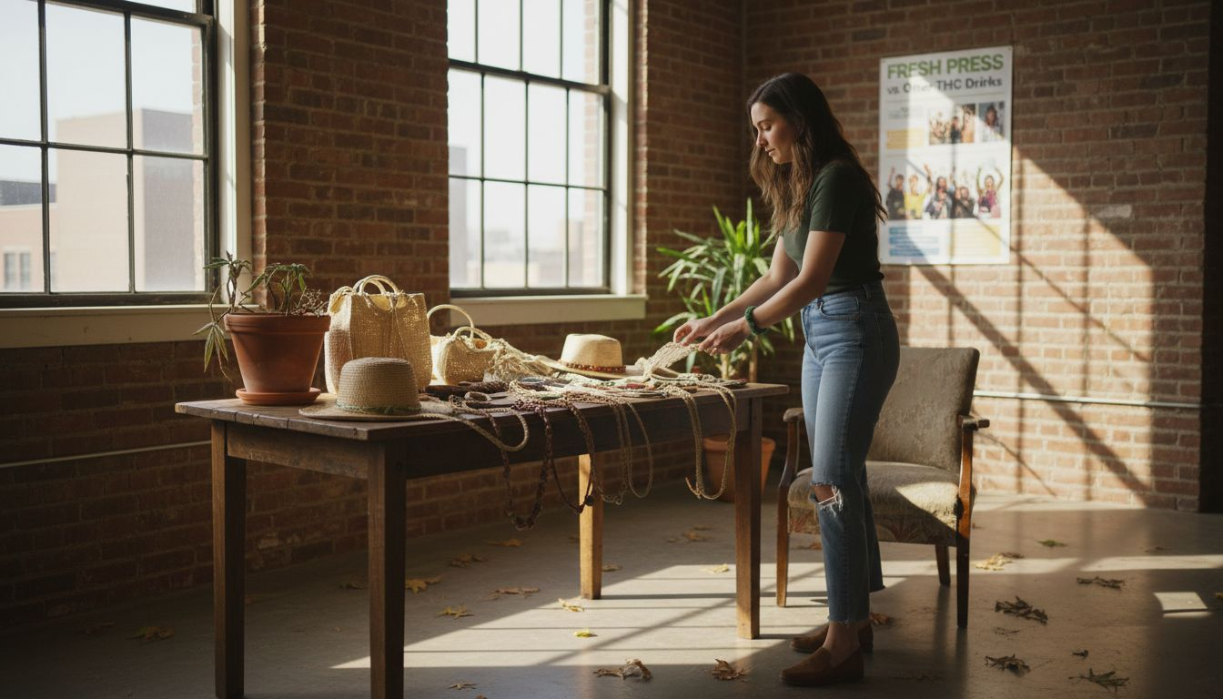 Woman displaying hemp accessories on table