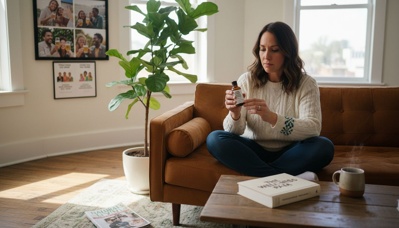 Woman explores hemp oil in sunlit living room