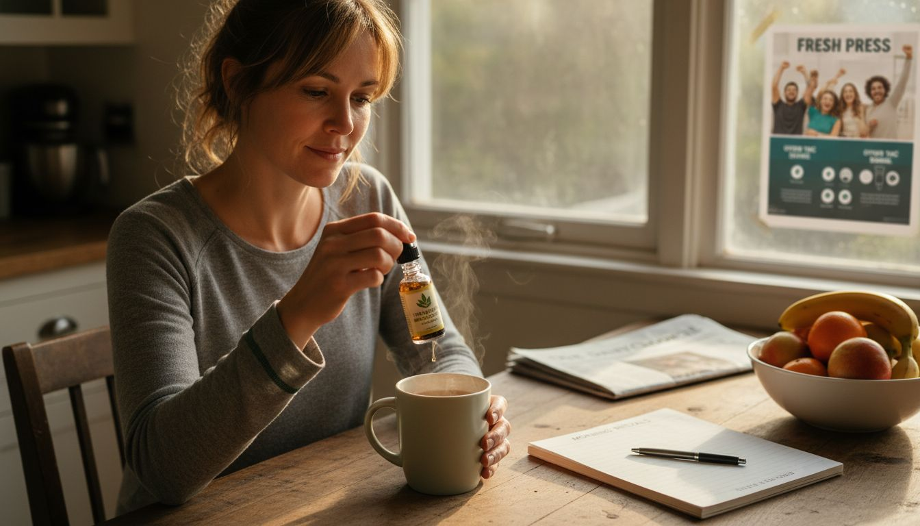 Woman using cannabinoid oil in home kitchen