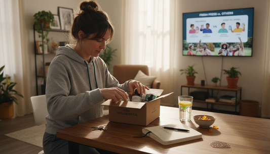 Woman using CBG wellness products at home table