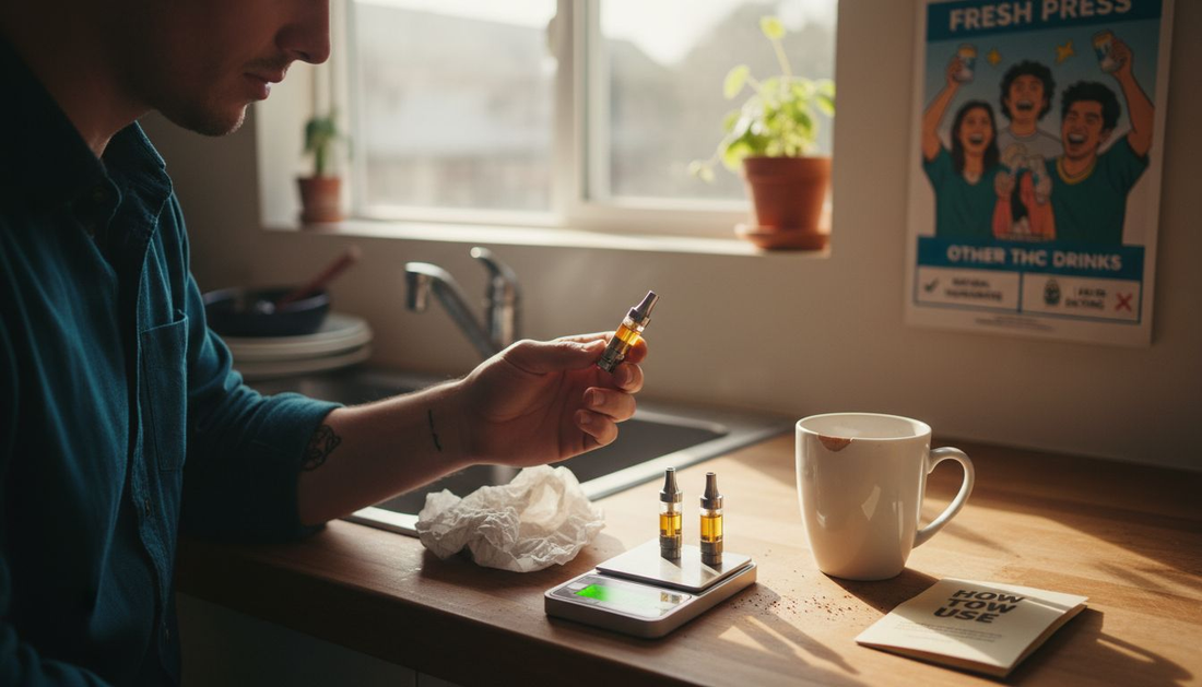 Person examines cannabis vape cartridges at kitchen