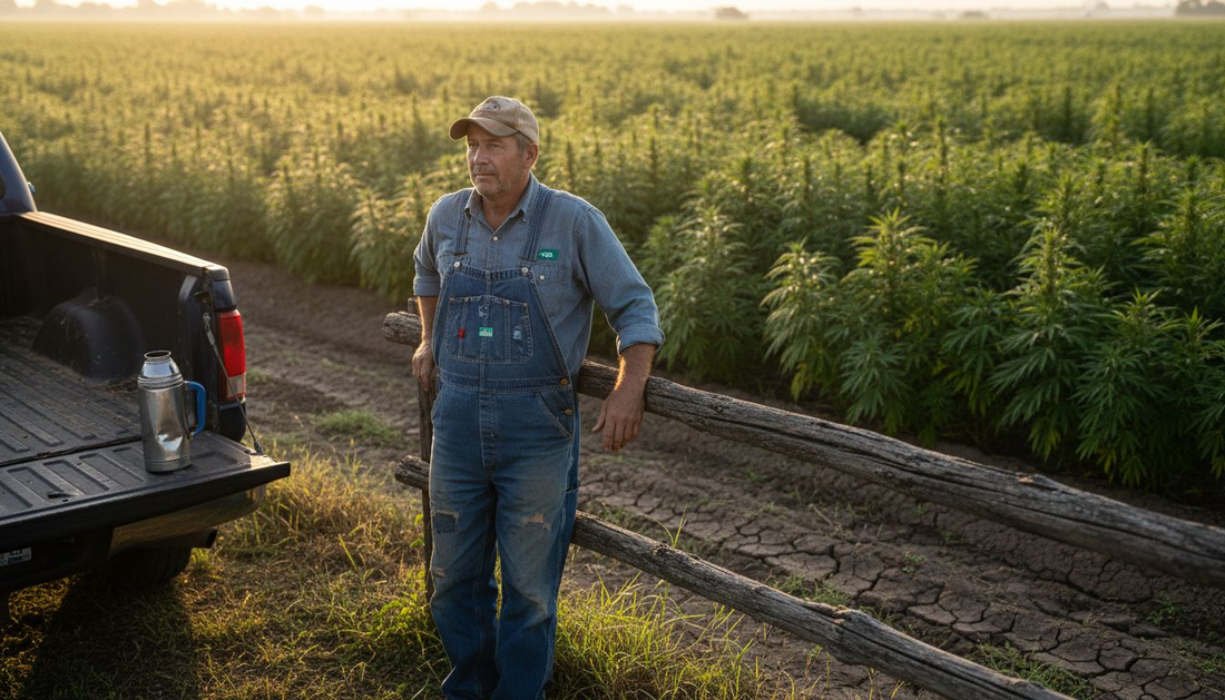 Texas farmer overlooking a morning hemp field