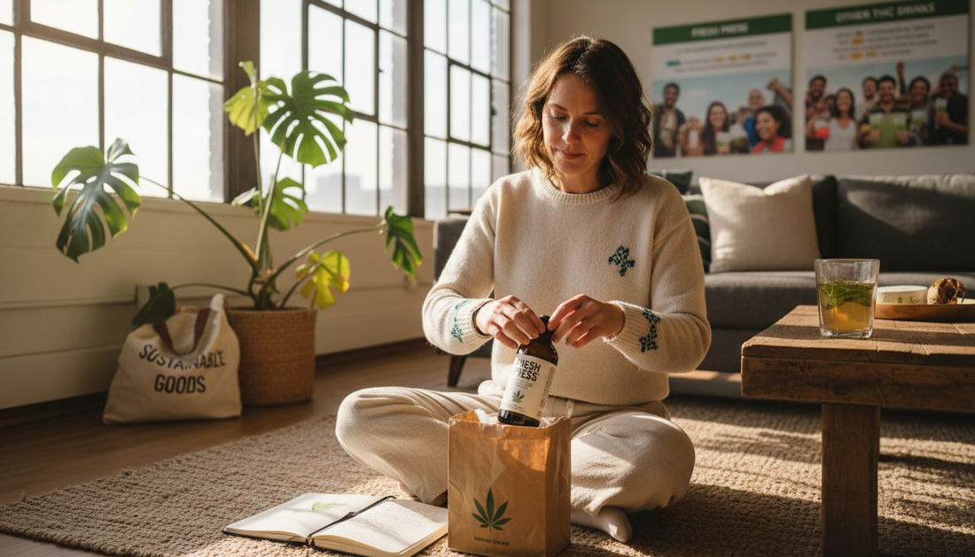 Woman using hemp wellness products in sunlit home