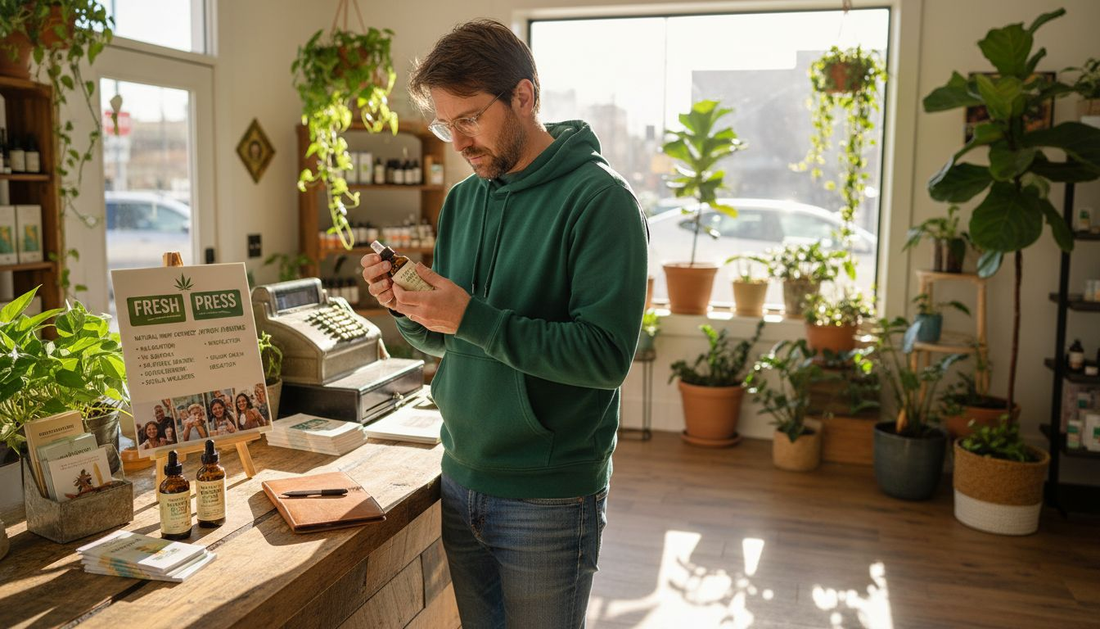 Shopper reading hemp product label in wellness store