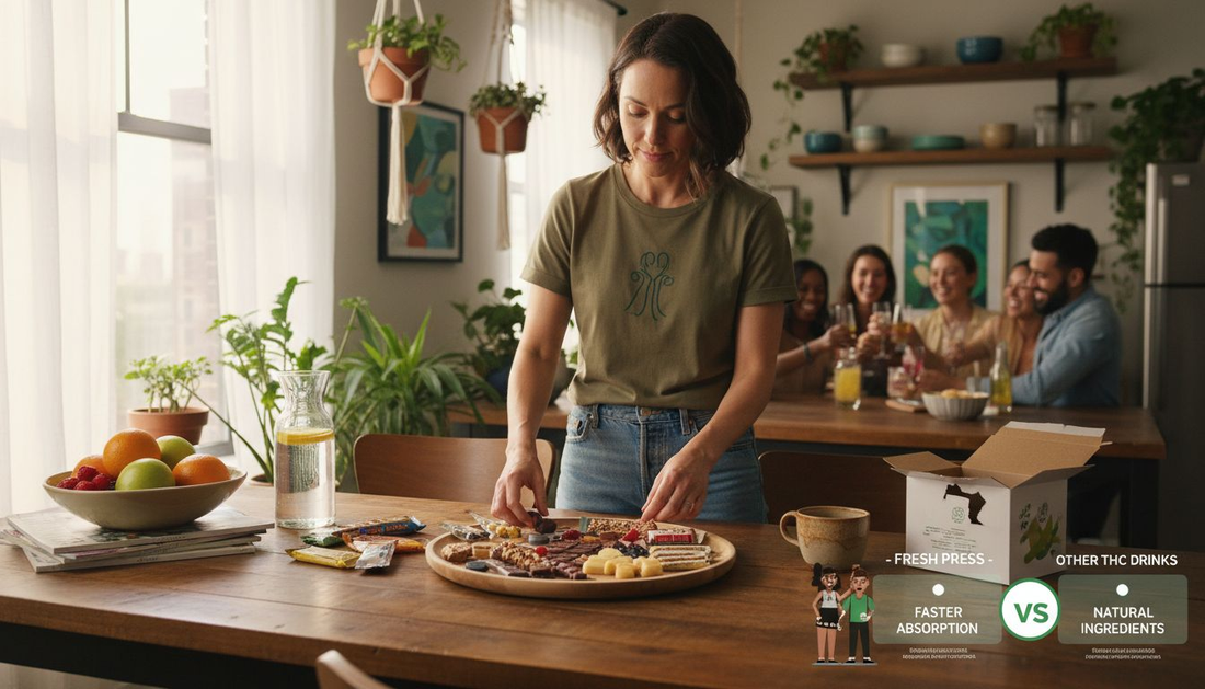 Woman arranges hemp edibles on kitchen table