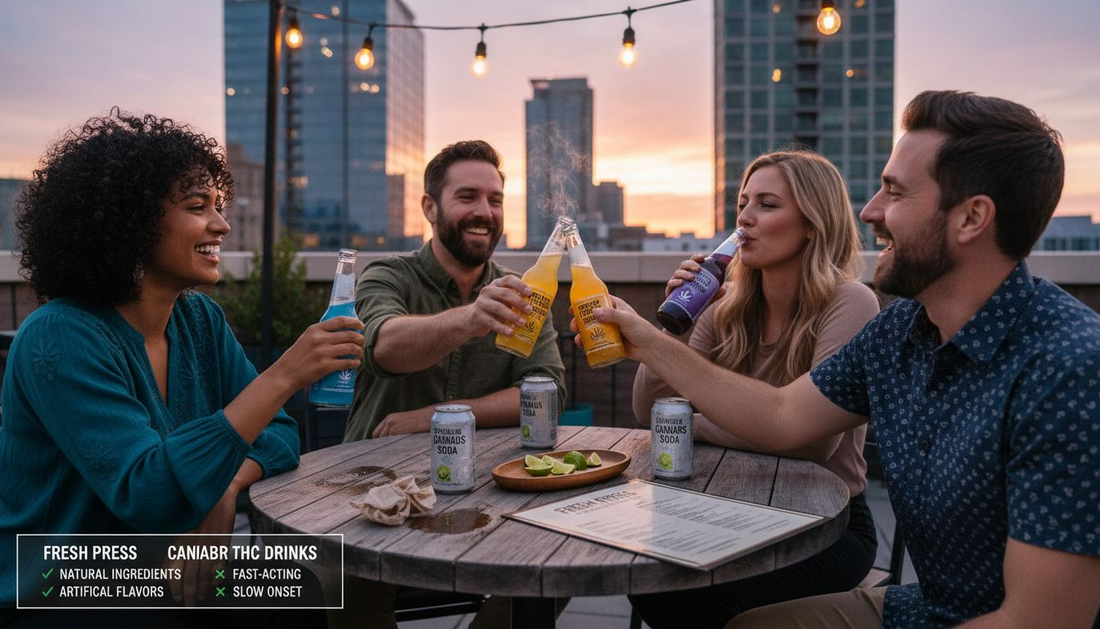 Adults comparing THC beverage bottles at rooftop table