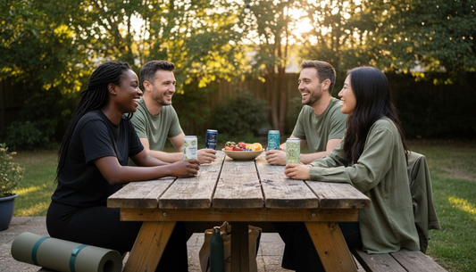 Adults enjoying hemp drinks on backyard patio table