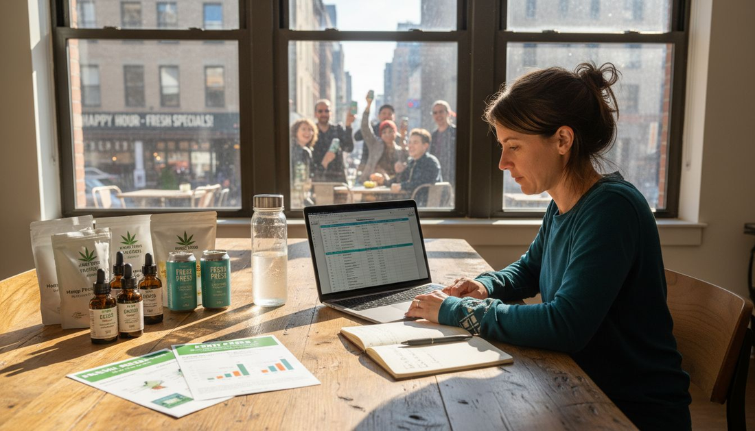 Woman reviewing hemp products at dining table