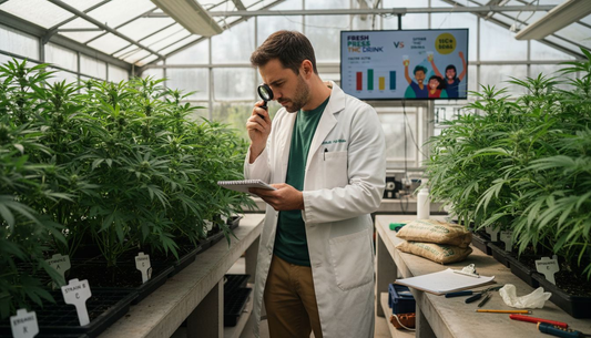 Botanist inspecting hybrid cannabis plants in lab