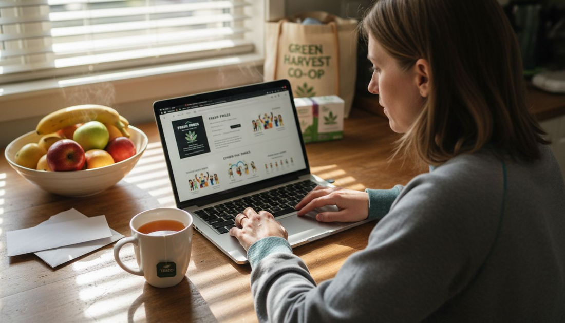 Woman ordering hemp products online at kitchen table