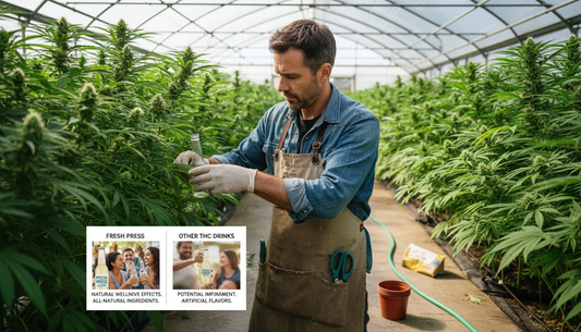 Cultivator inspecting high-CBG cannabis plants in greenhouse
