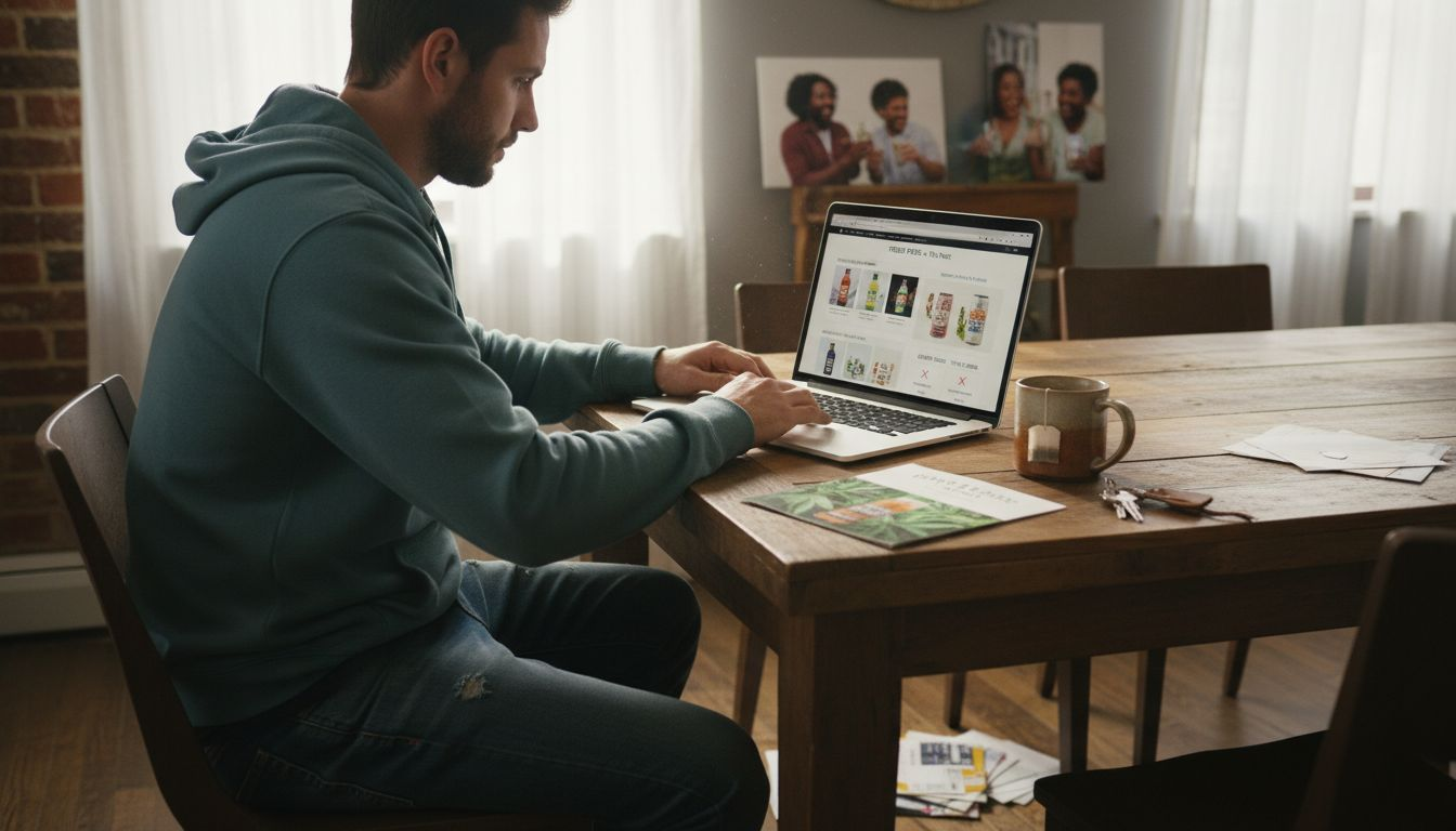 Shopper browsing products on laptop at home
