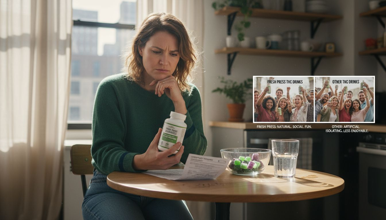 Woman reading hemp gummies label at kitchen table