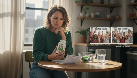 Woman reading hemp gummies label at kitchen table