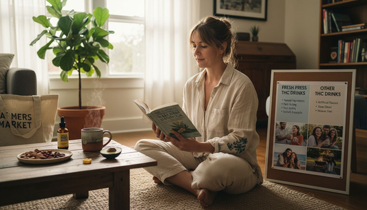 Woman reading about hemp wellness at home