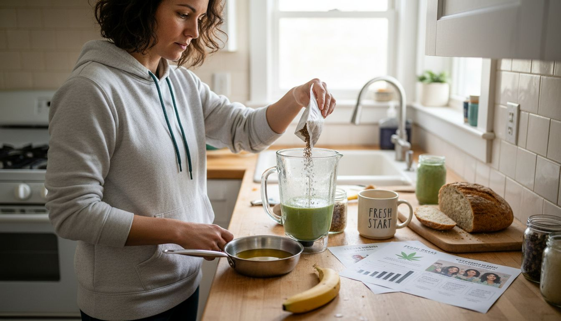 Woman preparing hemp-infused smoothie in home kitchen