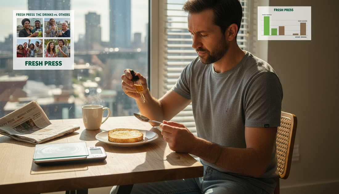 Man measuring THC tincture at kitchen table
