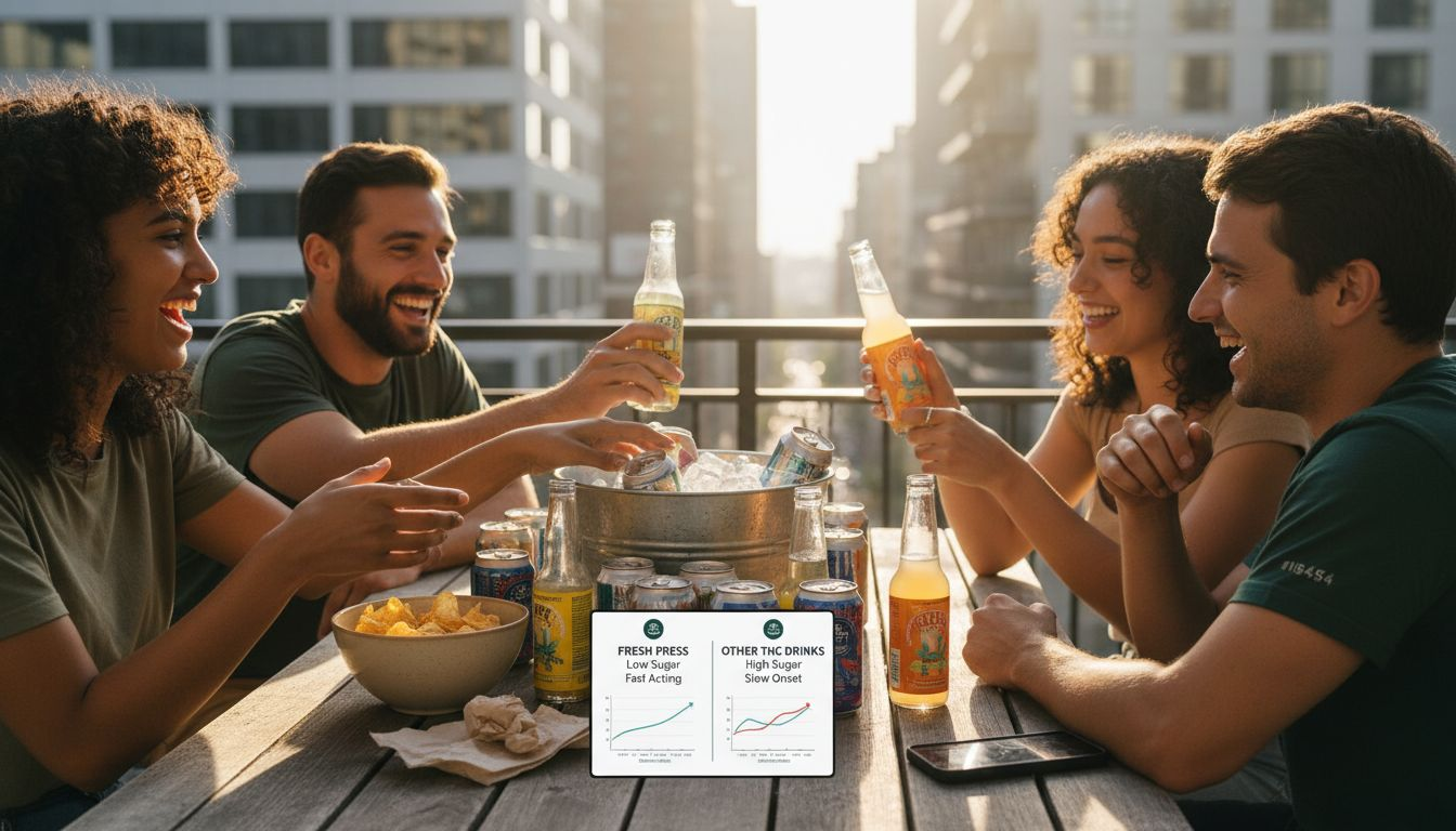 Adults sampling THC drinks on patio table