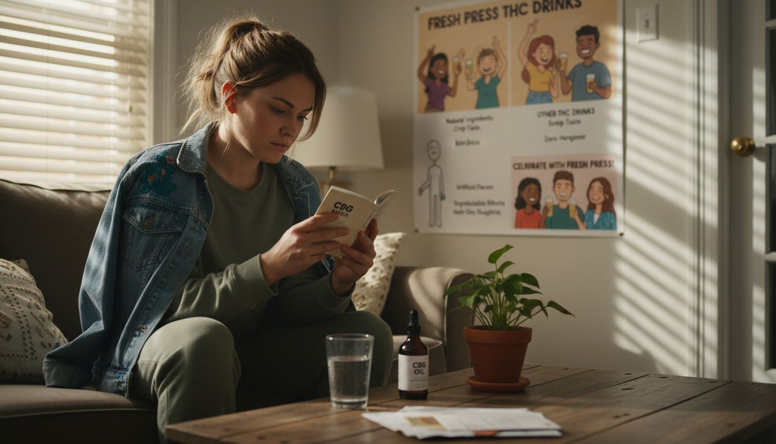 Woman reading CBG starter guide in living room
