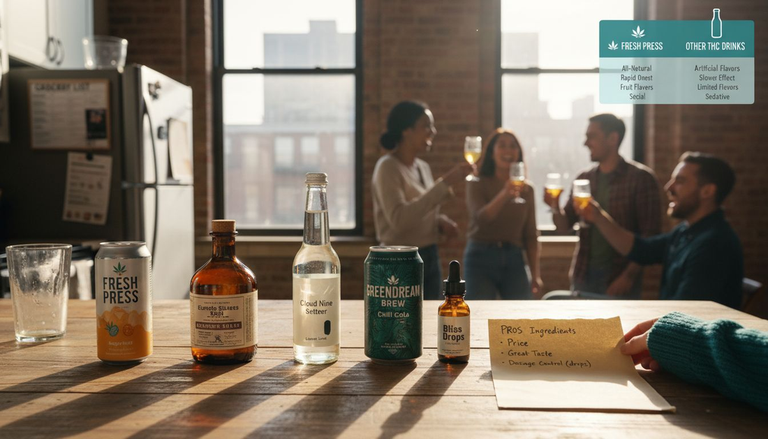 THC-infused drink comparison display on kitchen island