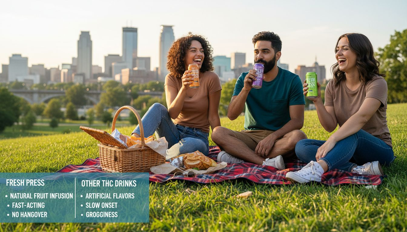 Friends enjoying THC seltzers at Minneapolis picnic