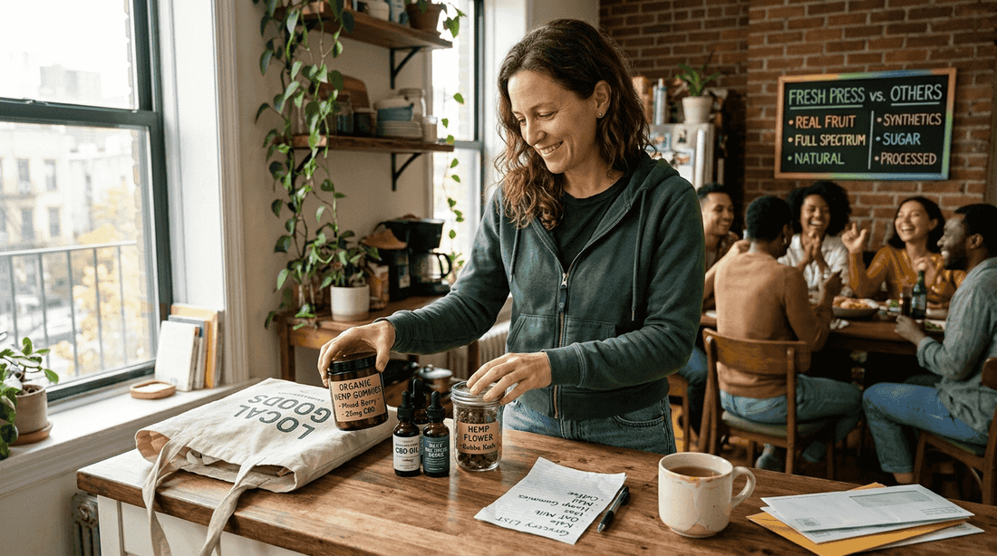 Woman selecting cannabis bundle at home