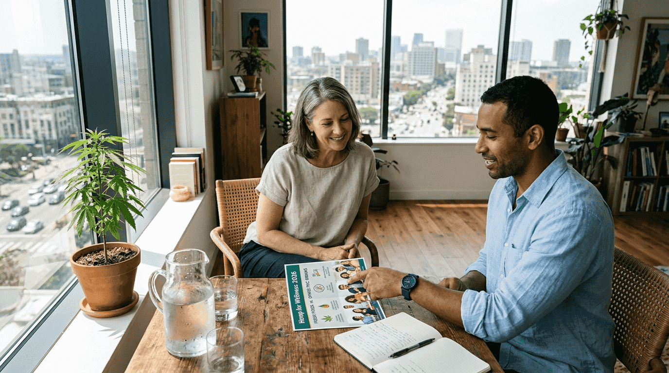 Client discussing hemp wellness in office