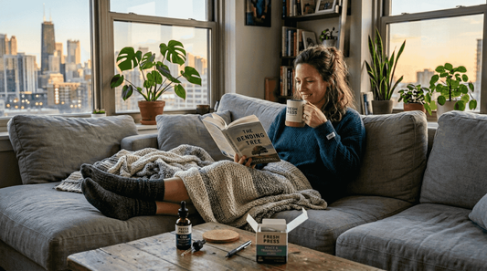 Woman reading and relaxing with CBD tea