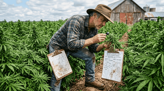 Agronomist examining hemp field plants