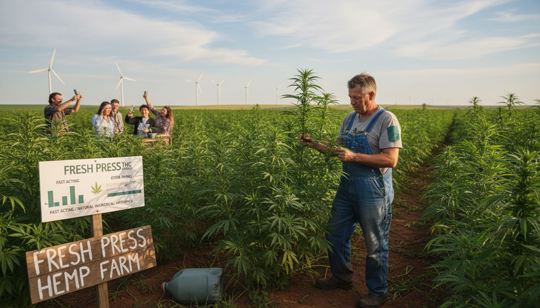Farmer walking through tall hemp field