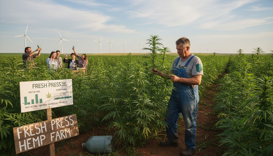 Farmer walking through tall hemp field
