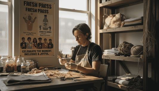 Artisan inspecting hemp at a rustic studio workbench