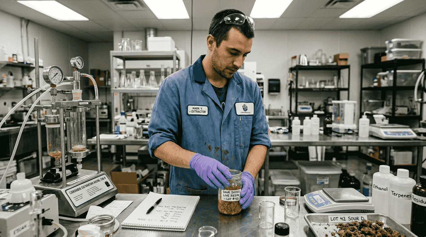 Technician handling cannabis concentrate in lab
