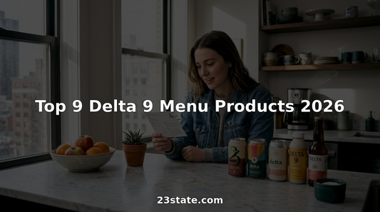 Woman sampling Delta 9 cannabis drinks at kitchen counter