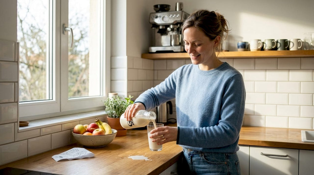 Woman pouring oat milk in sunlit kitchen