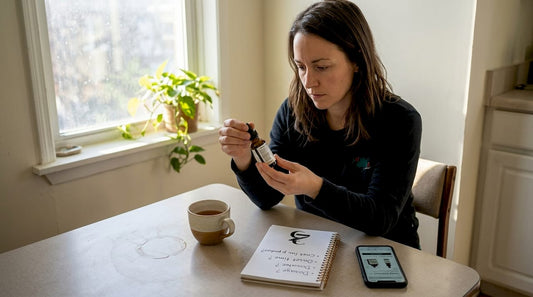 Woman checks hemp product label at kitchen table