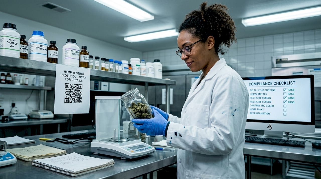 Lab technician inspects hemp samples in lab setting
