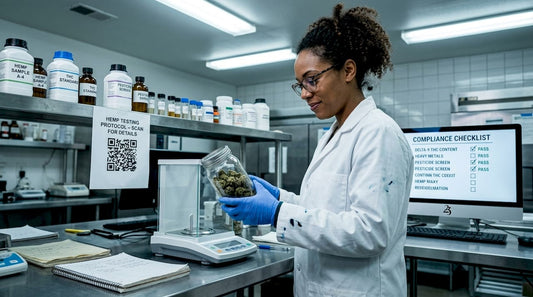 Lab technician inspects hemp samples in lab setting