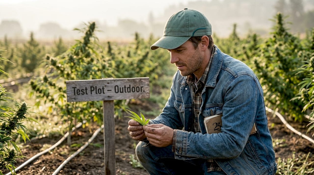 Worker inspecting cannabis plants in outdoor farm