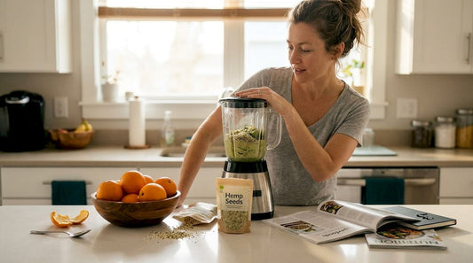 Woman preparing hemp smoothie in kitchen
