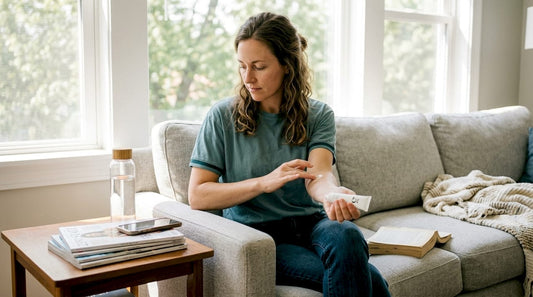 Woman applies infused cream on sofa