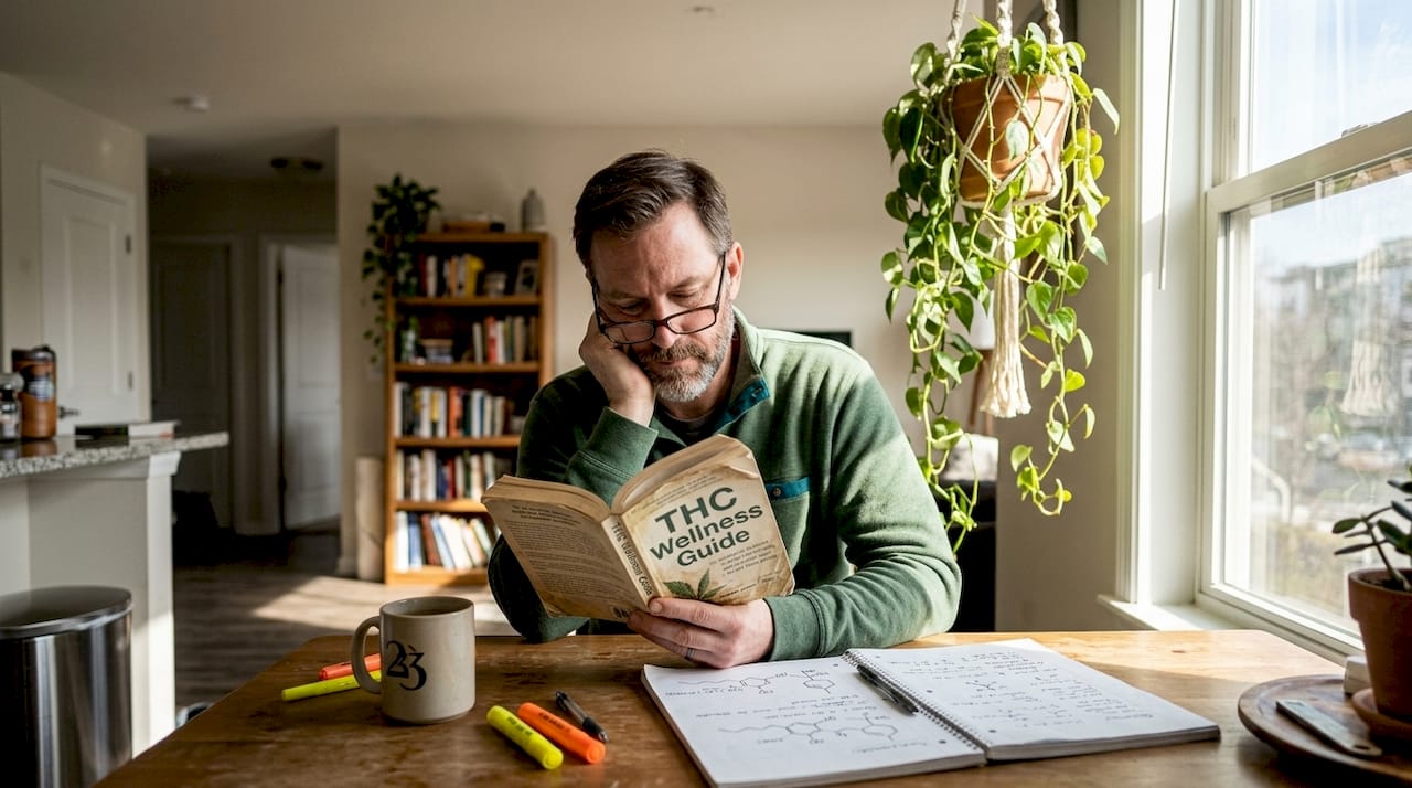 Man reading THC wellness guide at kitchen table