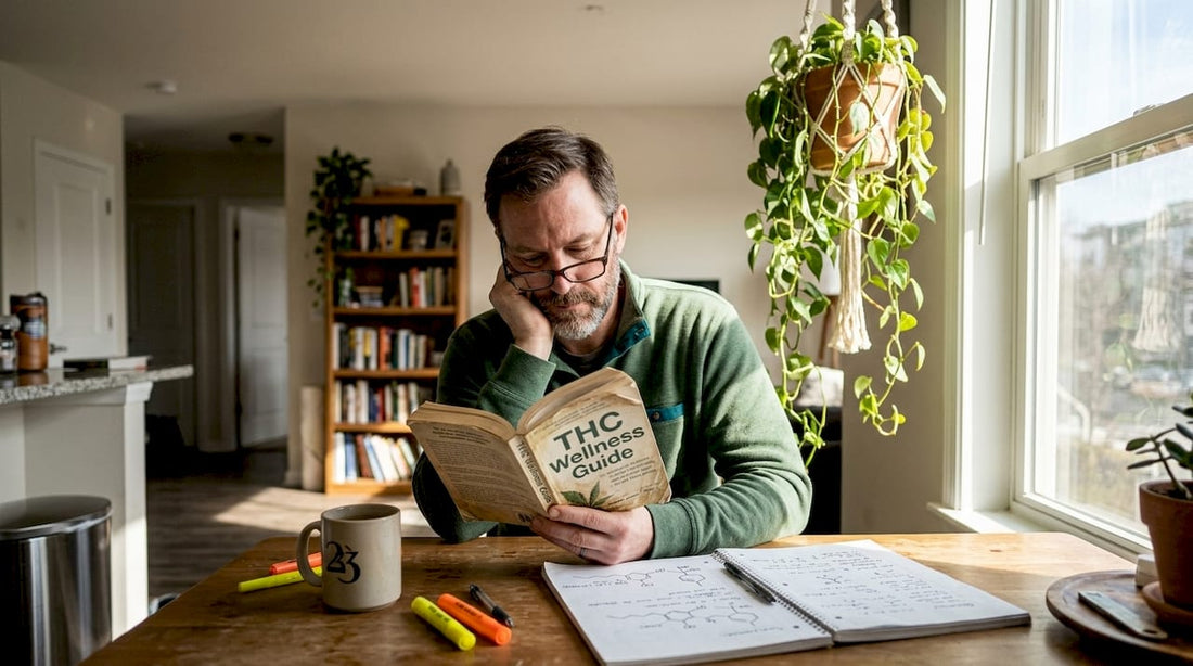 Man reading THC wellness guide at kitchen table