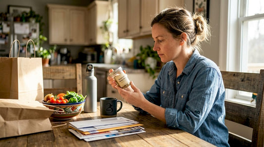 Woman examining handcrafted hemp jar in kitchen