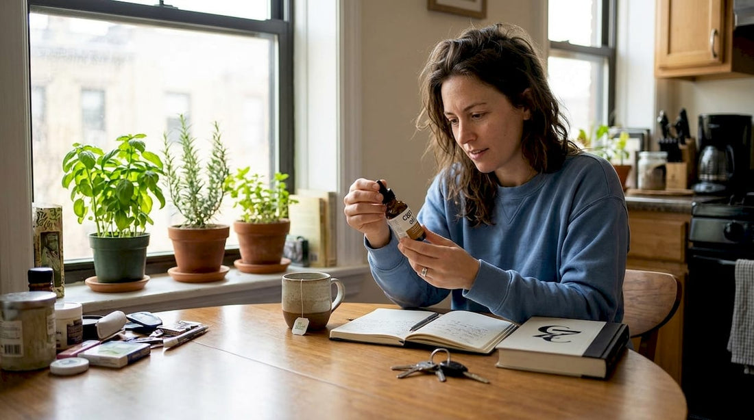Woman reading CBD bottle label at kitchen table