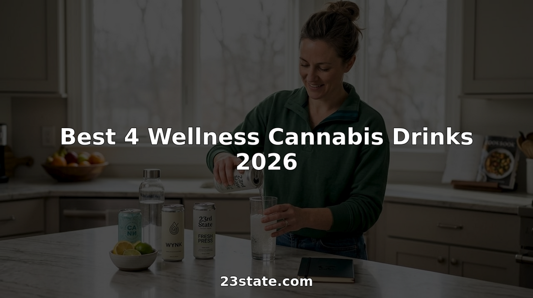 Woman pouring wellness cannabis drink at kitchen countertop
